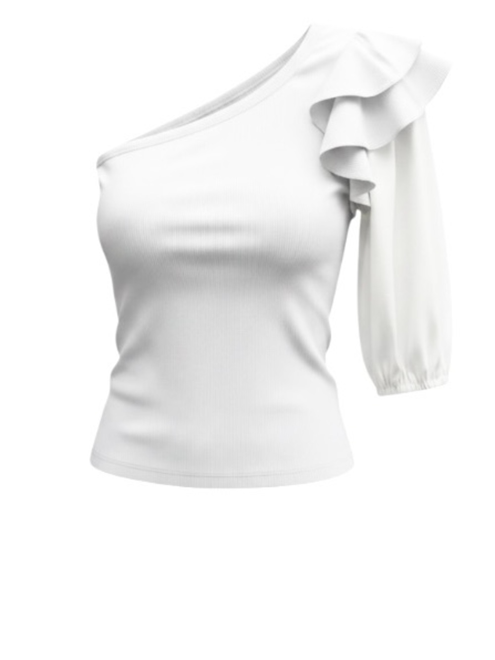 Veronica Beard Diantha Cotton Ribbed Ruffle 3/4 Sleeve One Shoulder Top